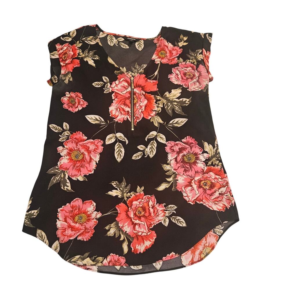 Express Floral Half Zip Blouse Women's Small Petite SP Black Pink Cap Sleeve Top